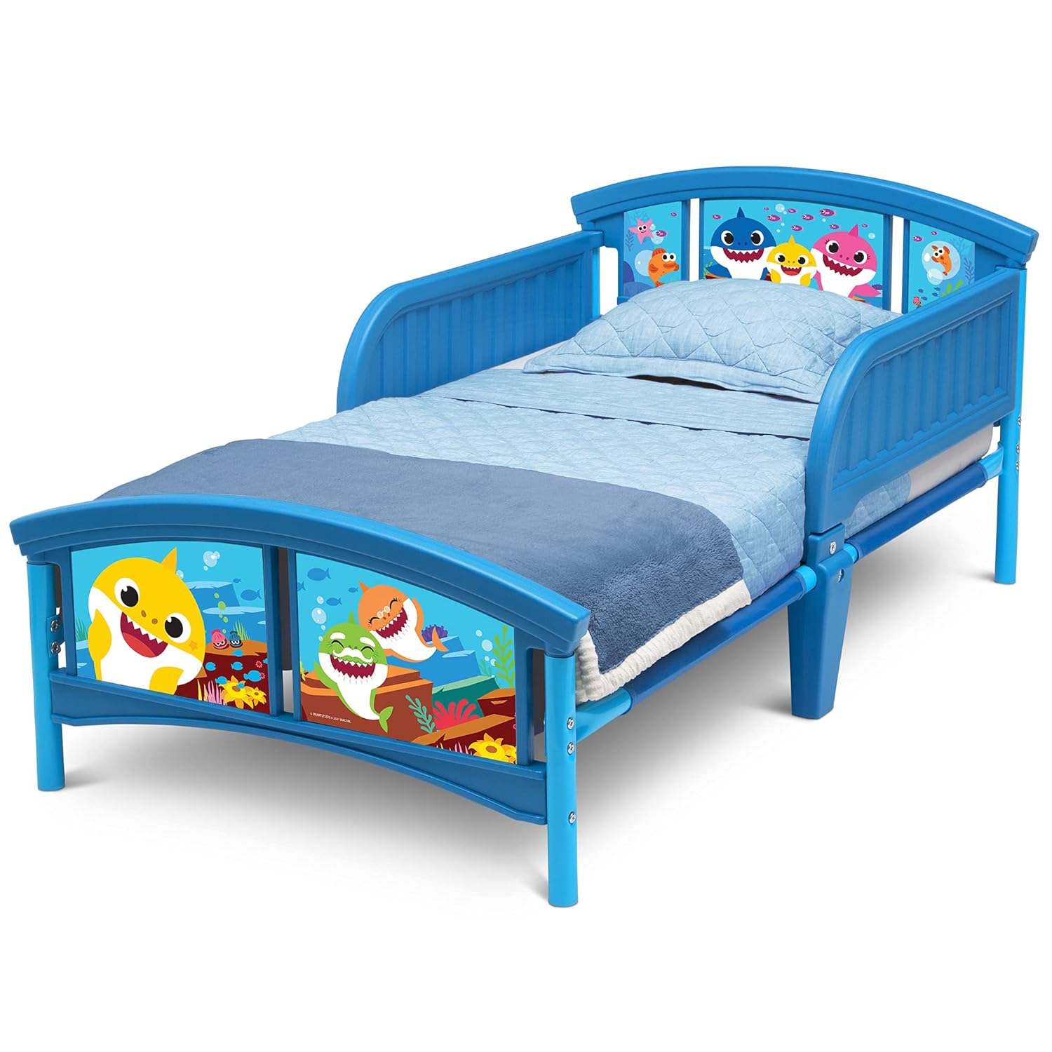 Baby Shark Plastic Toddler Bed and Twinkle Galaxy Dual Sided Crib and Toddler Mattress Bundle V3500