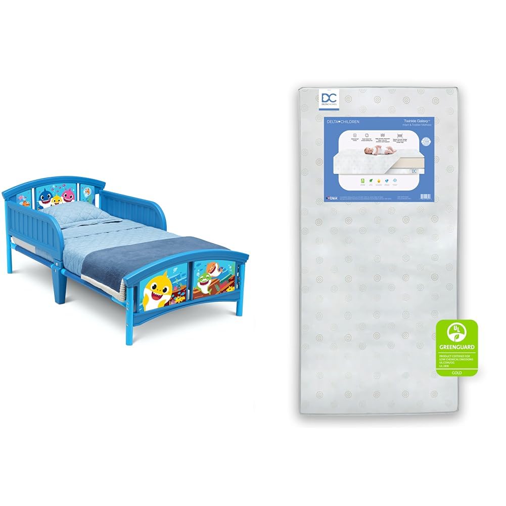 Baby Shark Plastic Toddler Bed and Twinkle Galaxy Dual Sided Crib and Toddler Mattress Bundle V3500