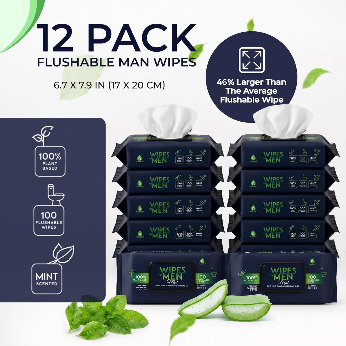 12 Pack of Flushable Man Wipes (1200 Mint Scented Wipes)