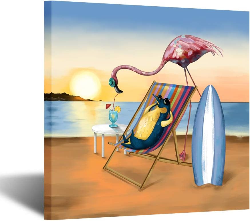 Funny Animal Flamingo and Penguin on Beach Vacation Canvas Prints Painting with Stretched Frame Wall Art 24x24inch M887359
