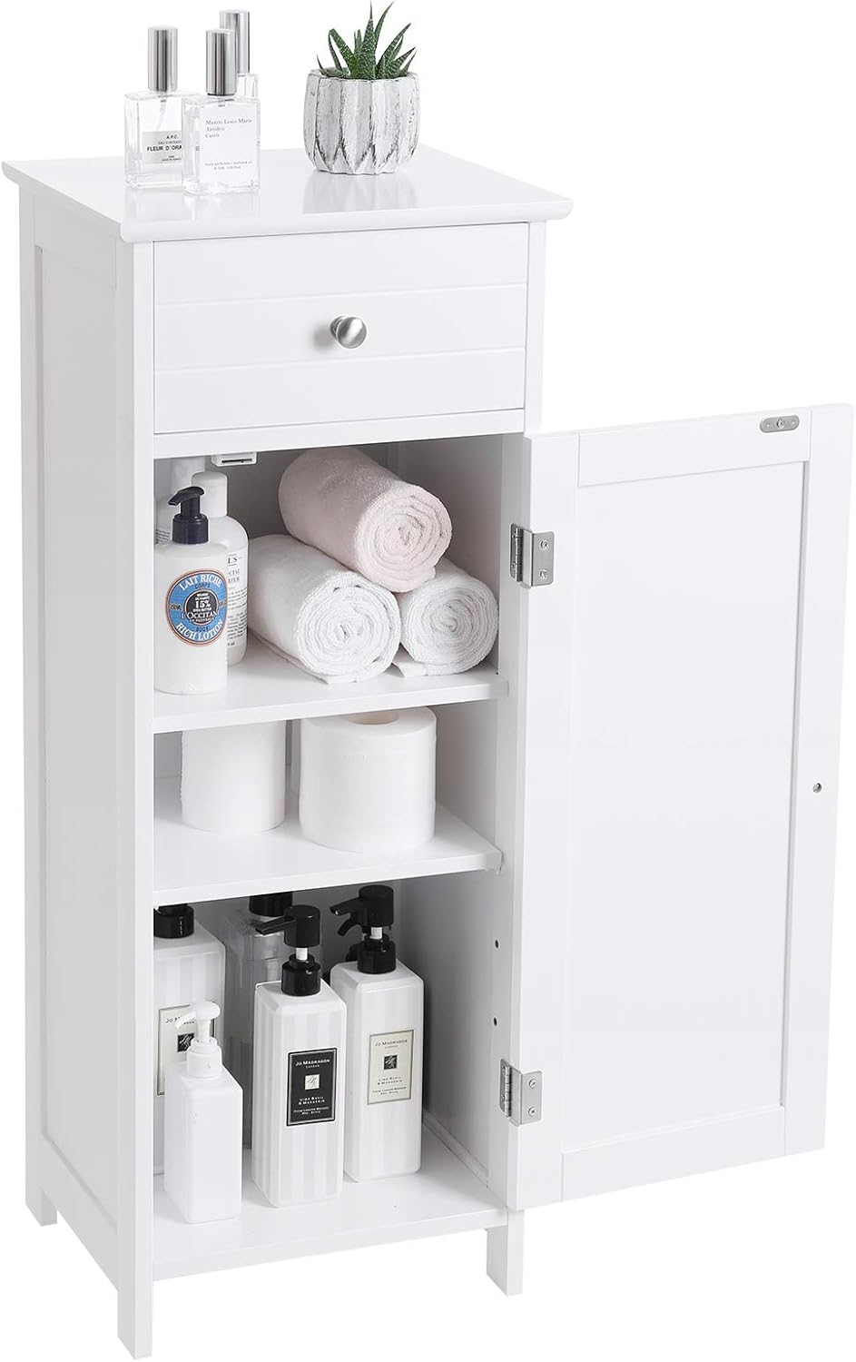 White Wooden Bathroom Floor Cabinet with Drawer and Adjustable Shelf O497785