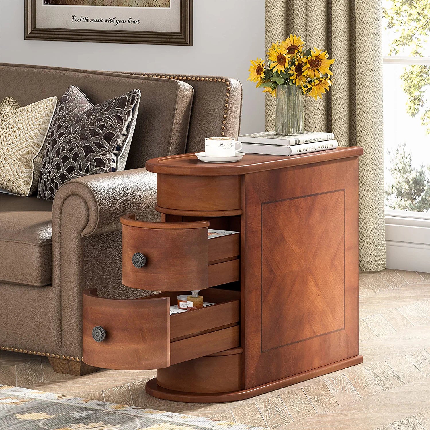 Half Round End Table with 2 Drawers, Sofa Side Desk with Storage, Slim Nightstand, Brown V253