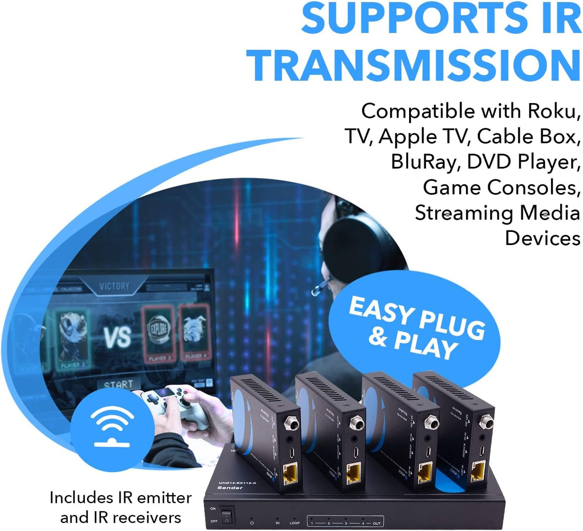 1x4 HDMI Extender Splitter 4K over Single Cable CAT6/7 4K@60Hz HDCP 2.2 with IR Remote EDID Management C9434