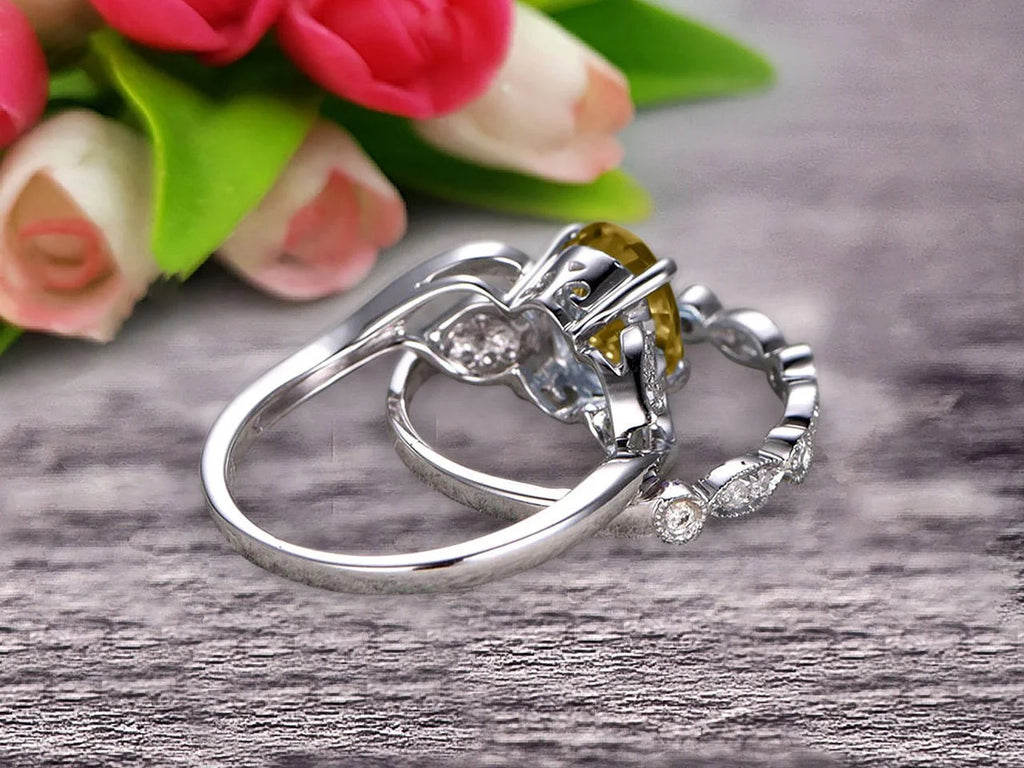 Oval Cut Champagne Diamond Moissanite Bridal Ring Set on 10k White Gold P794554
