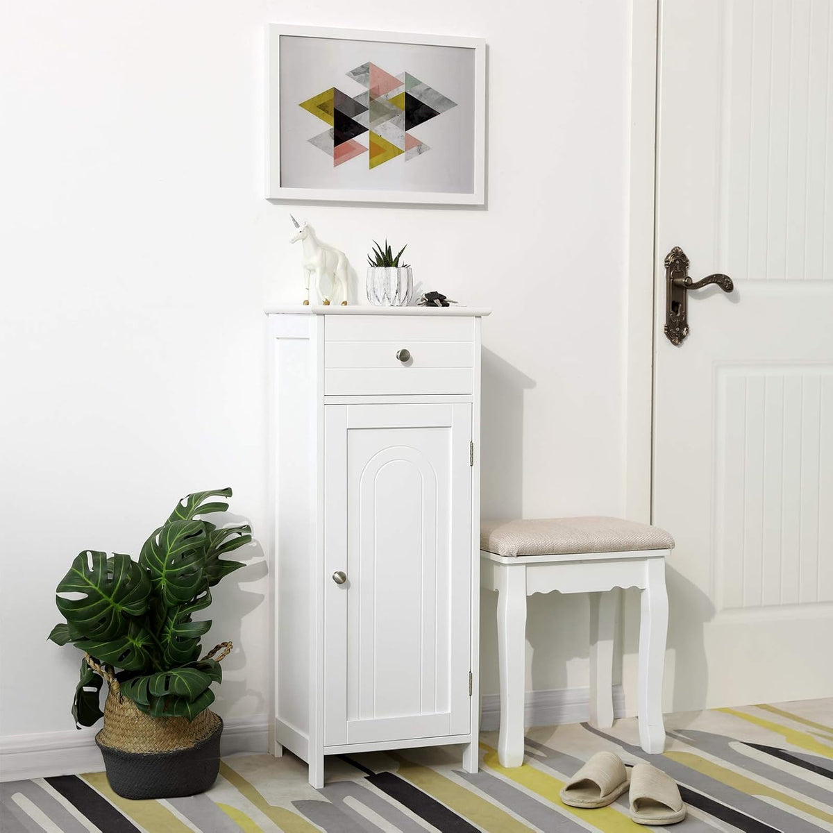 White Wooden Bathroom Floor Cabinet with Drawer and Adjustable Shelf O497785