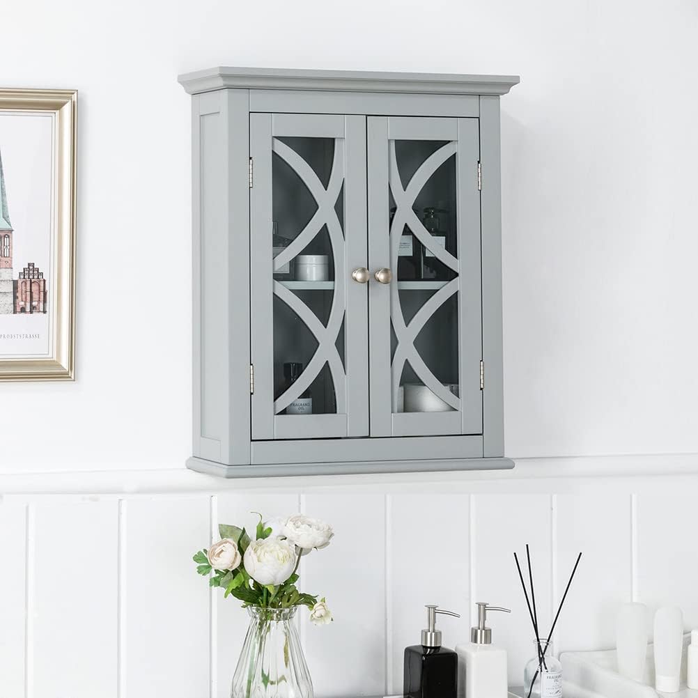 Grey Wooden Storage Cabinet with Double Doors and Drawer T37017