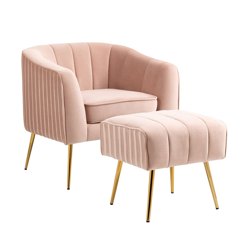 Pink Velvet Barrel Arm Accent Chair with Ottoman O1158