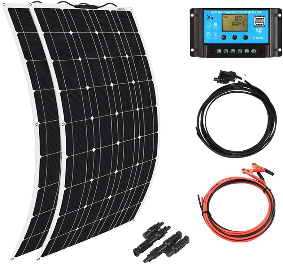 2pcs 100w Monocrystalline Flexible Solar Panel 200W 12V Kit with 20A Controller PV Connector U926417