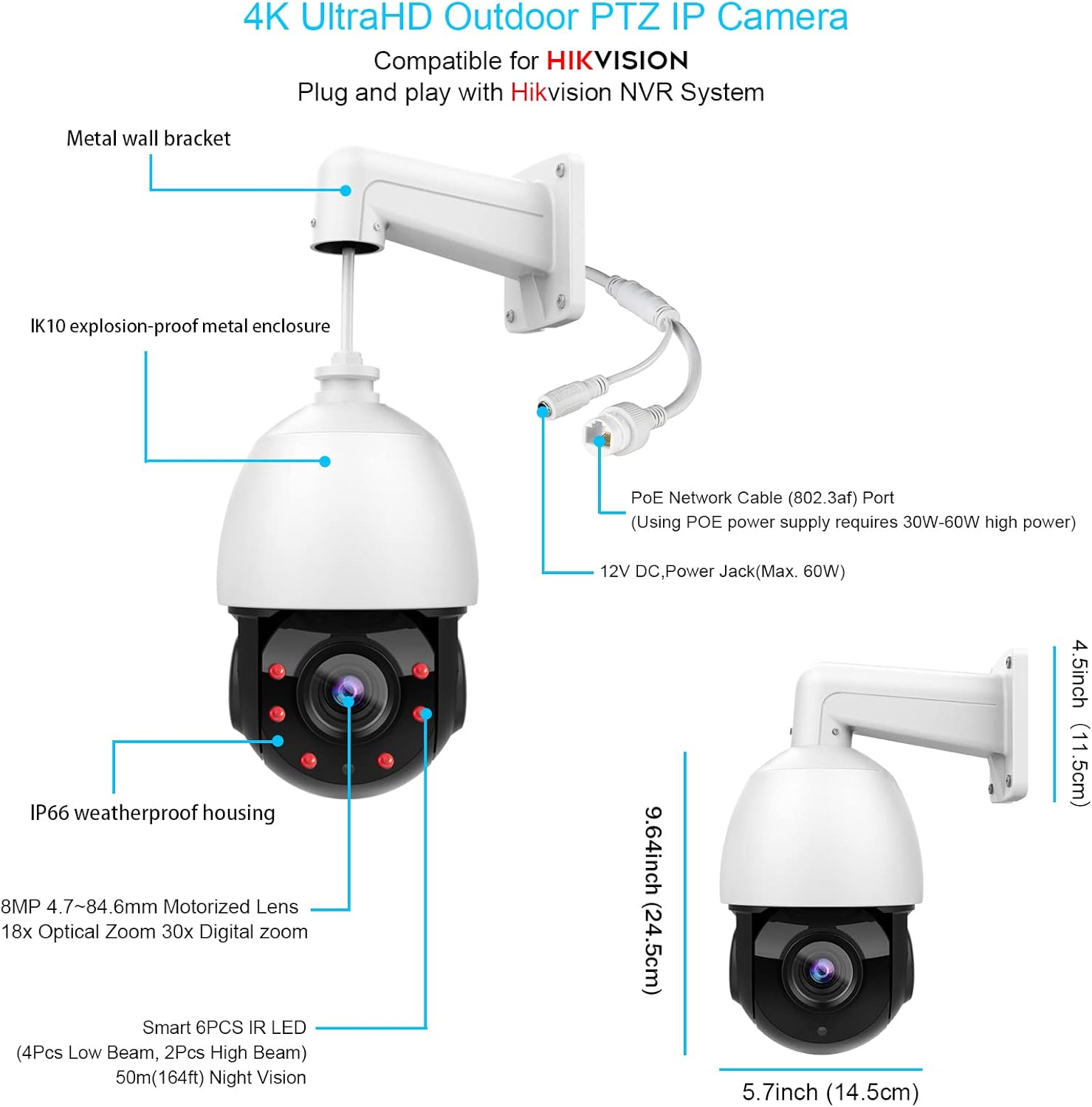 4K 8MP Outdoor PTZ PoE IP Camera Speed Dome with 18x Optical Zoom, 164ft IR Night Vision, IP66 Q78136