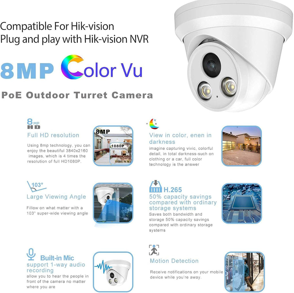 4K 8MP Full Color POE IP Turret Security Camera R37189