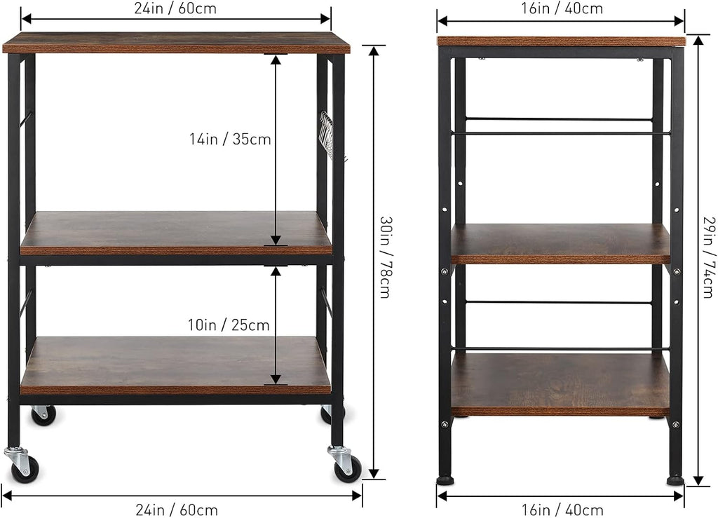 3 Tier Rolling Kitchen Cart with 10 Hooks S718