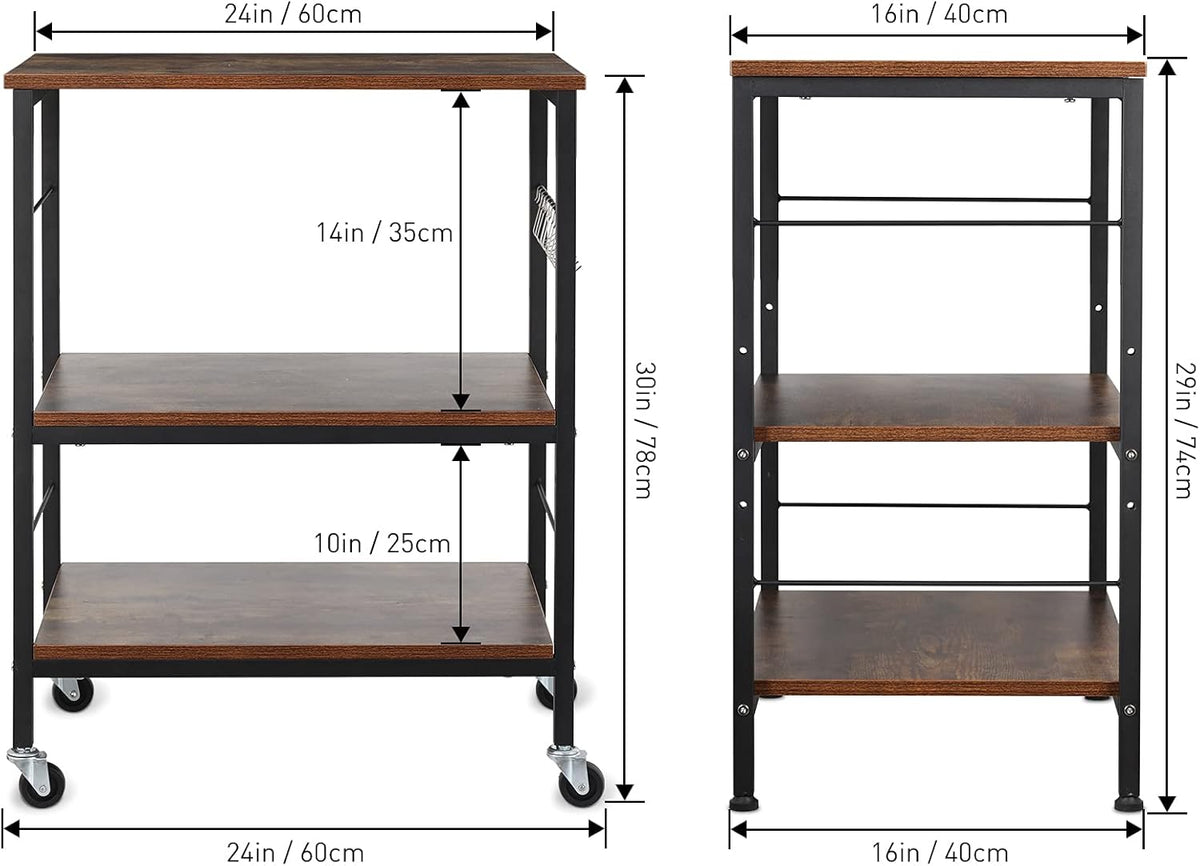 3 Tier Rolling Kitchen Cart with 10 Hooks S718