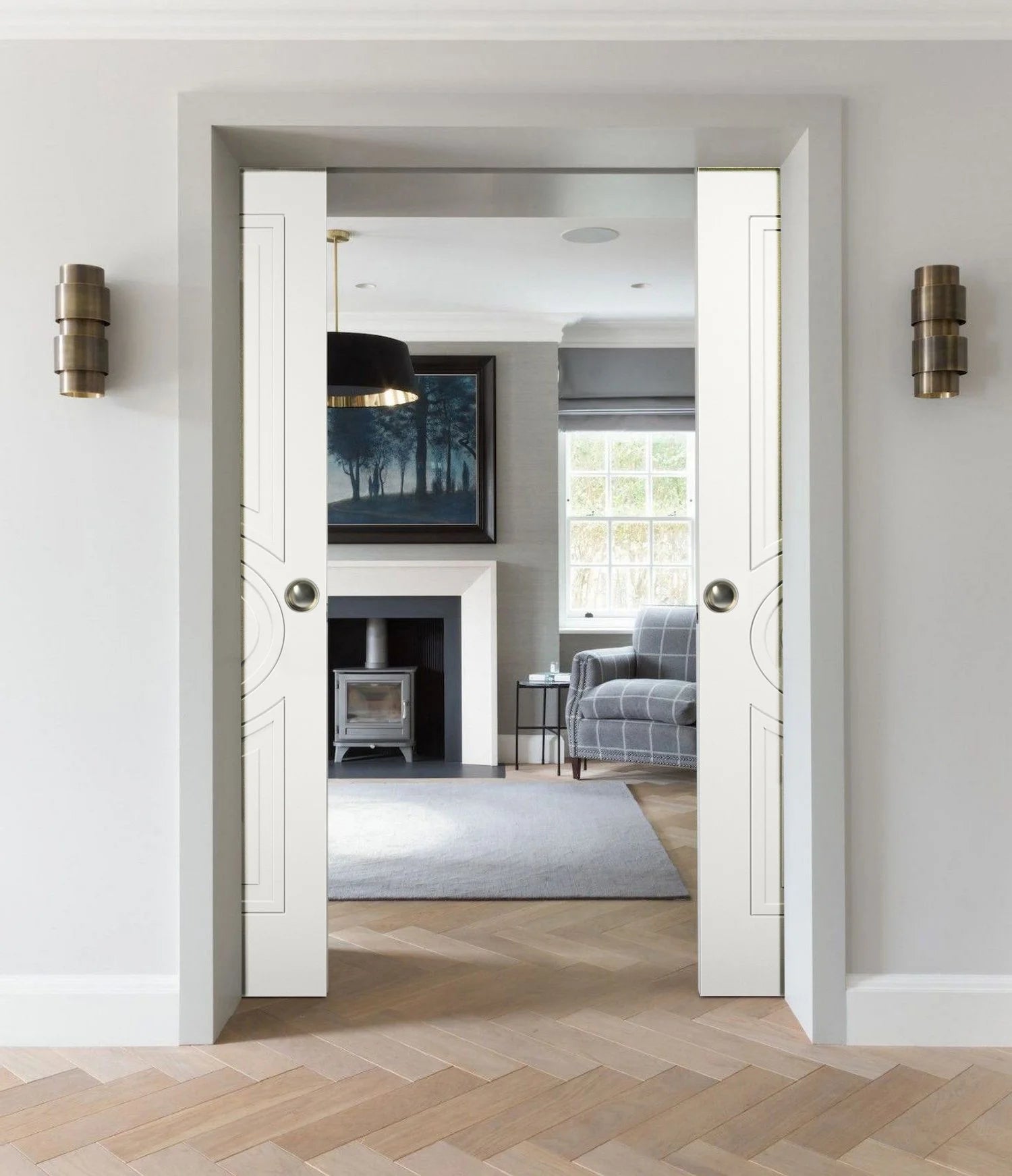Matte White MDF Sliding French Double Pocket Doors with Kit Rail Hardware X333610