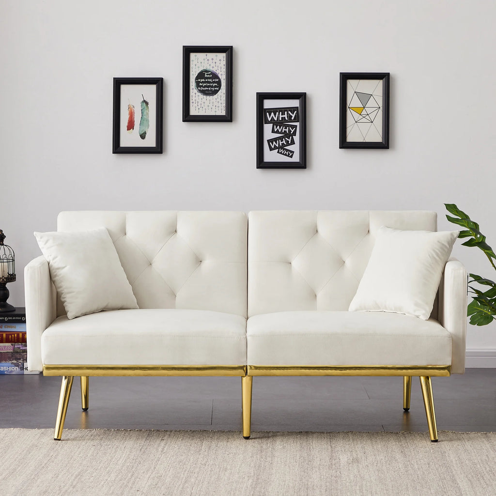 Modern Velvet Tufted Sofa Bed with Metal Legs 2 Pillows S47902