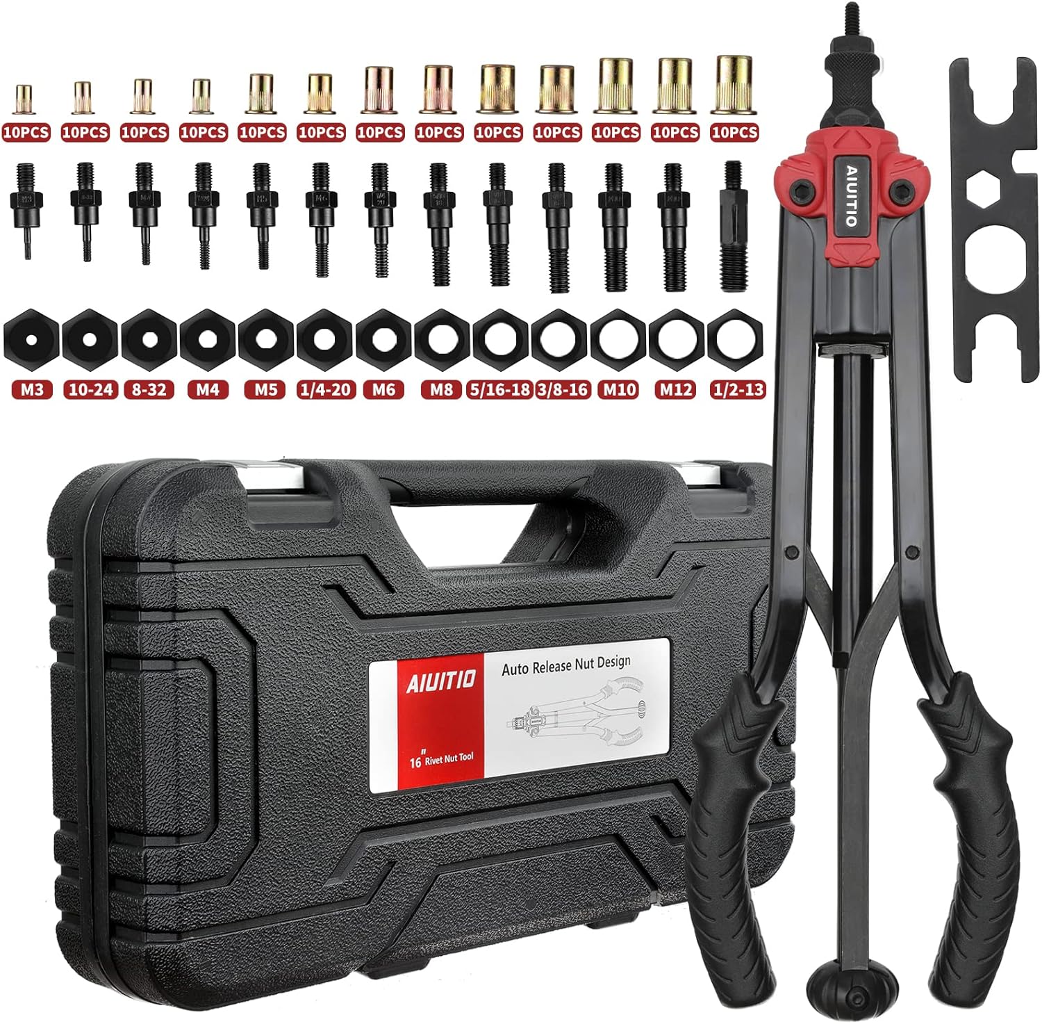 16'' Rivet Nut Tool with 13PCS Metric & Inch Mandrels, 130PCS Rivet Nuts, Plastic Case T706