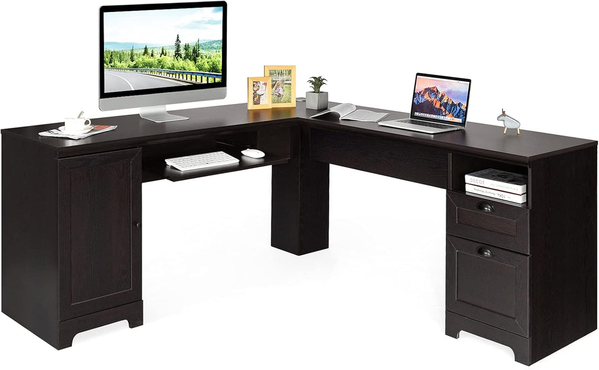 Brown L-Shaped Corner Computer Desk with Drawers and Storage Cabinet J35485