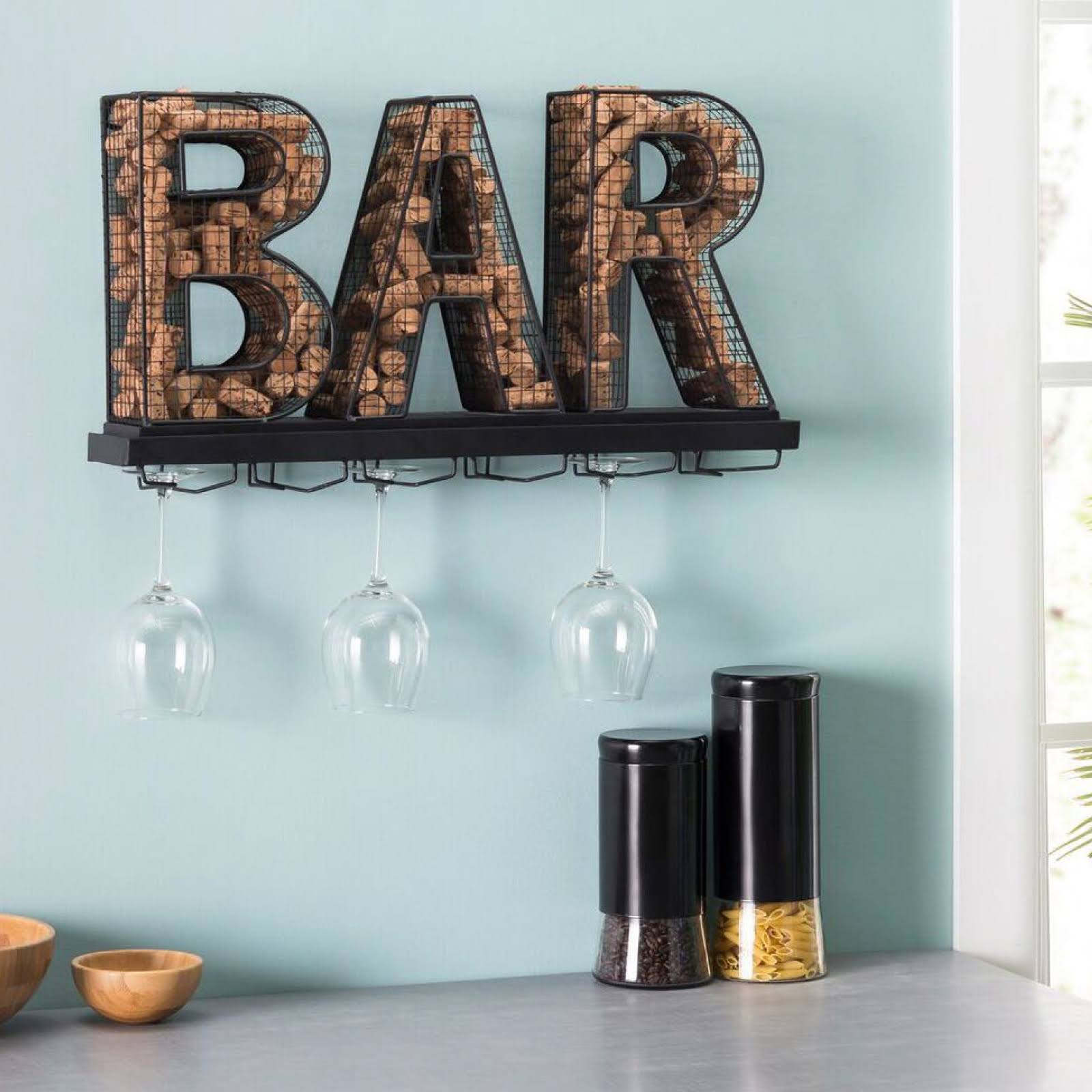 Wall Mounted Wine Glass Holder and Cork Holder Holds 6 Wine Glasses J457657
