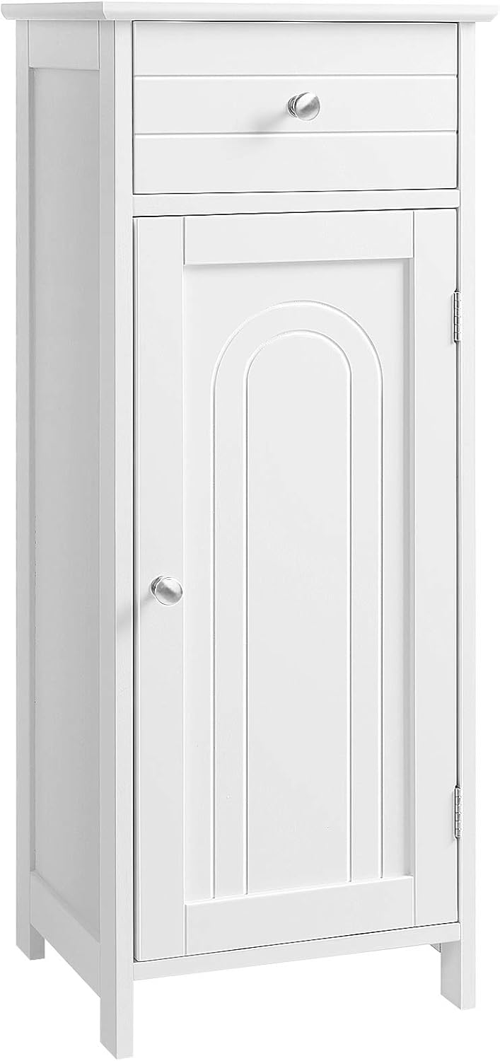 White Wooden Bathroom Floor Cabinet with Drawer and Adjustable Shelf O497785