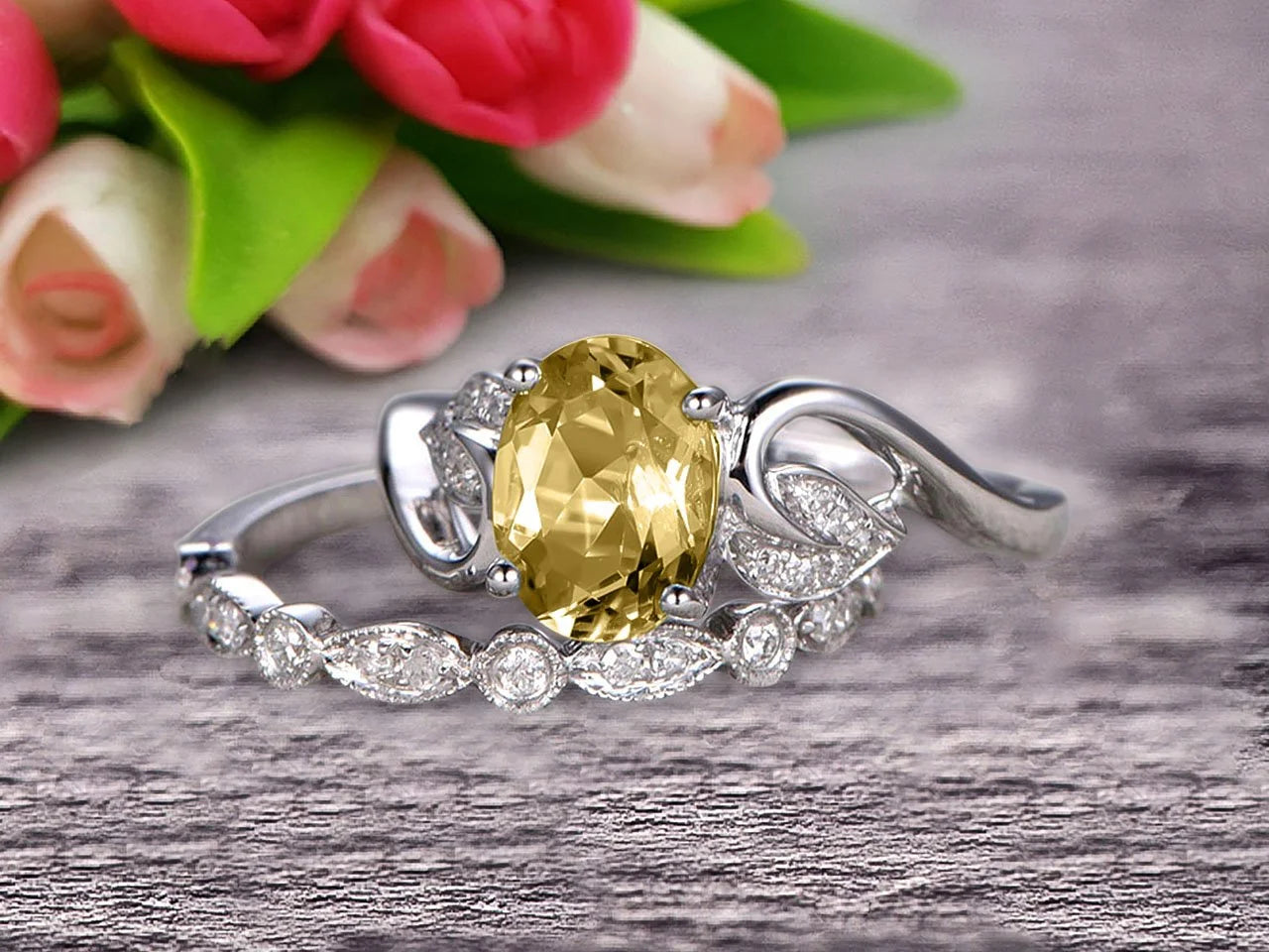 Oval Cut Champagne Diamond Moissanite Bridal Ring Set on 10k White Gold P794554