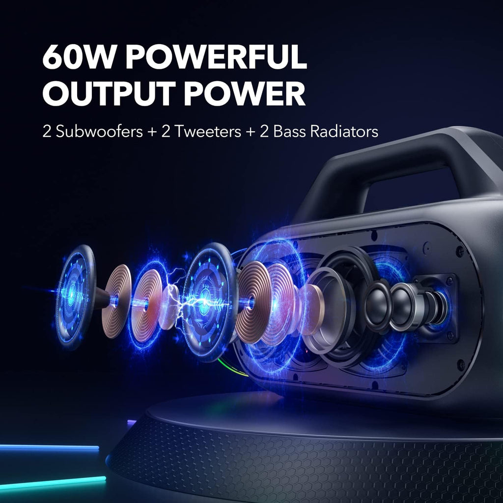 Portable Bluetooth Speaker with 2 Subwoofers, 2 Tweeters, LED Light, IPX7 Waterproof, 24H Playtime, 60W T678495