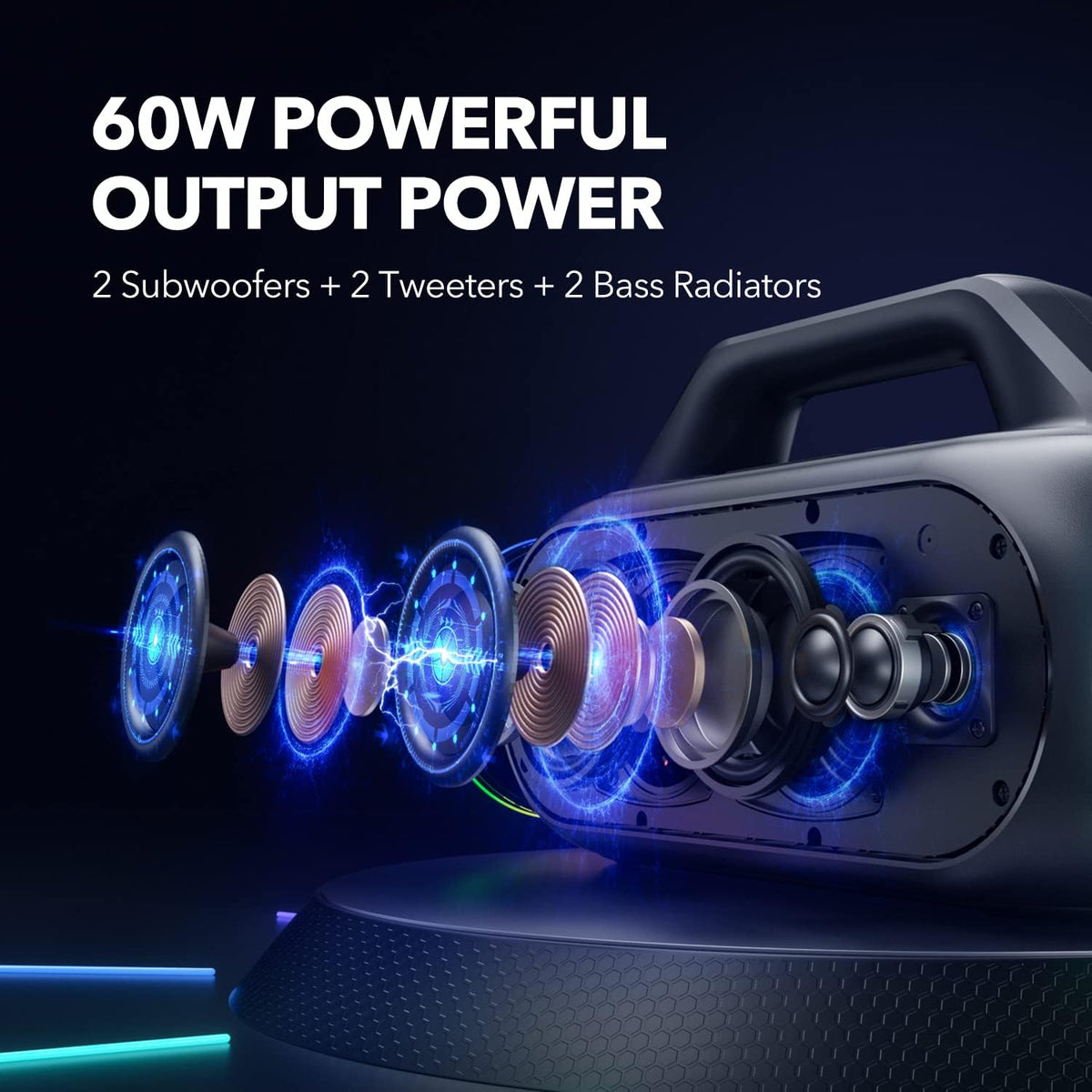 Portable Bluetooth Speaker with 2 Subwoofers, 2 Tweeters, LED Light, IPX7 Waterproof, 24H Playtime, 60W T678495