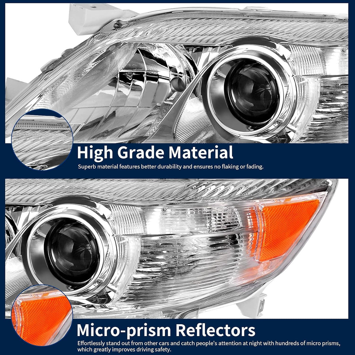 Headlight Assembly for 2010-2011 Camry Hybrid Chrome Housing Amber Reflector Projector Headlights O205470