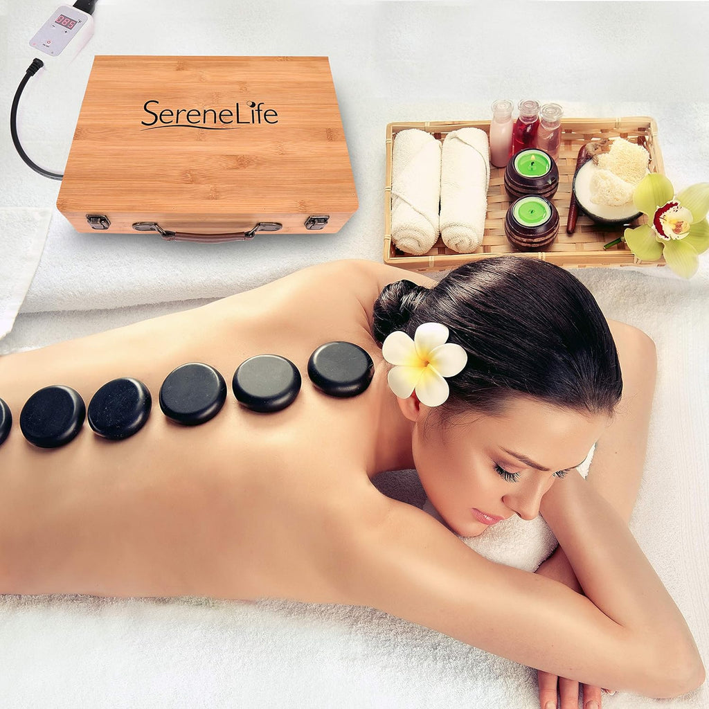 12 Pc Black Stone Massage Kit with Bamboo Heating Case S535