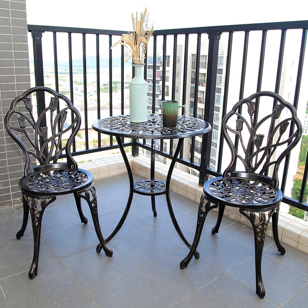 3 Pack Bistro Table and Chair Set with Rose Pattern Carving AntiRust Cast Aluminum Antique Bronze Outdoor Furniture H345