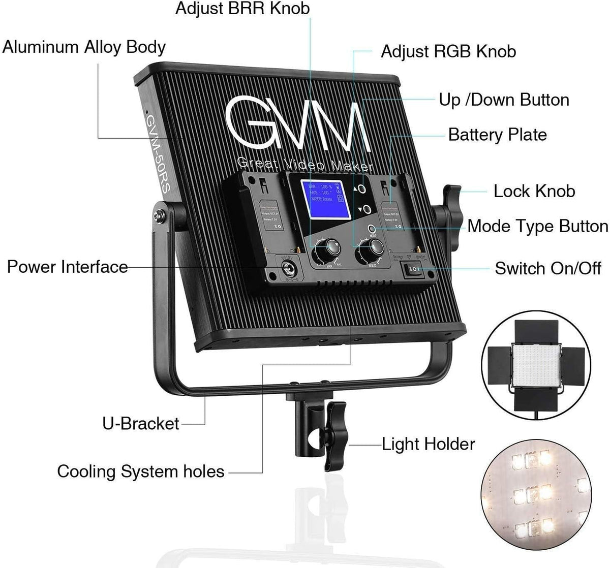 50W RGB LED Video Light with APP Control, Aluminum Alloy Shell, CRI 97 O773410