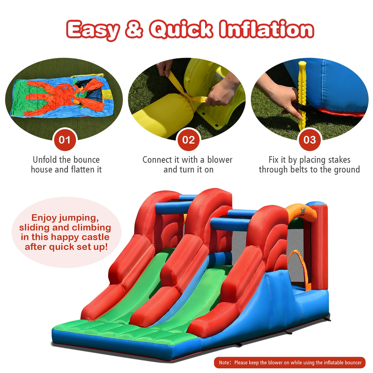Inflatable Bounce House 3-in-1 Dual Slides Jumping Castle with 550W Blower T924