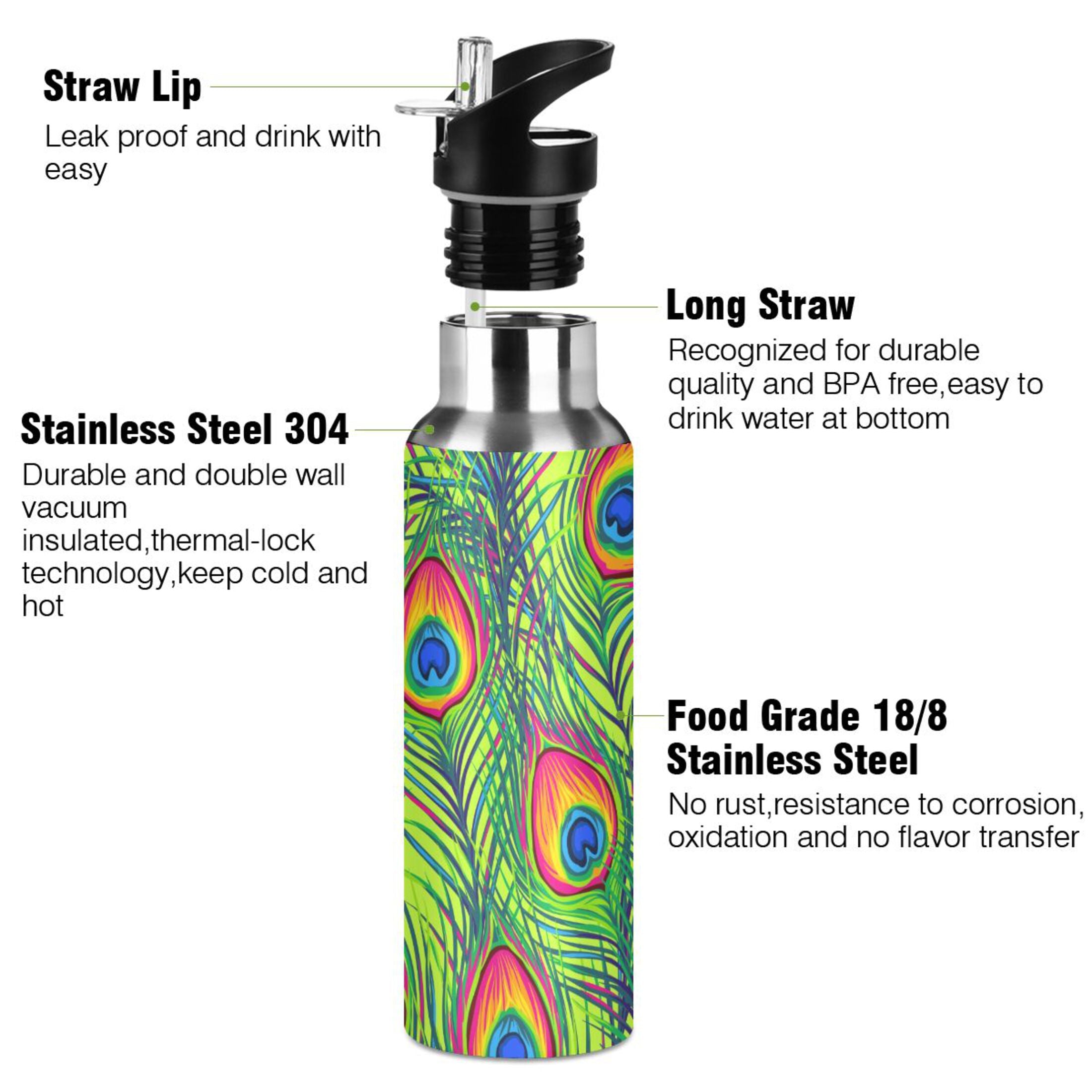 Green Stainless Steel Insulated Water Bottle with Straw Lid K3165