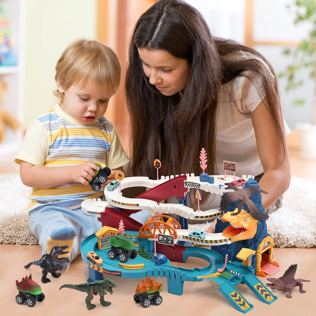 Blue Dinosaur Race Track Playset with 4 Mini Cars & 4 Dino W336