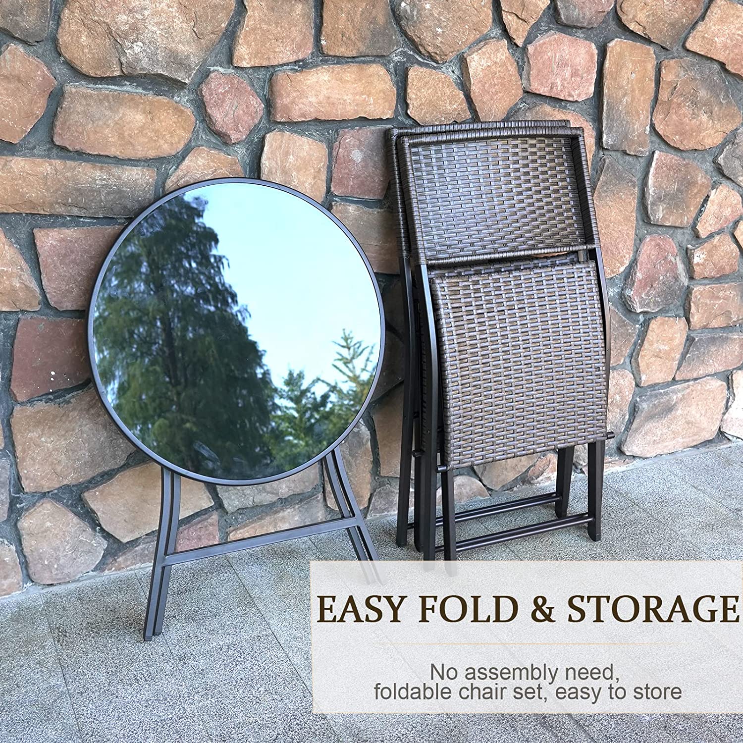 3 Pieces Outdoor Patio Bistro Set with Folding Patio Round Table and Chairs S632