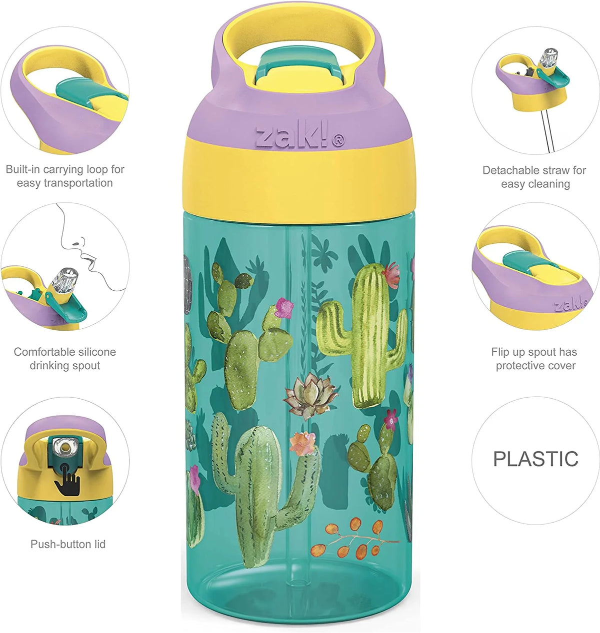 16oz Durable Plastic Kids Water Bottle with Straw and Carrying Loop, 2PK Set Y9443