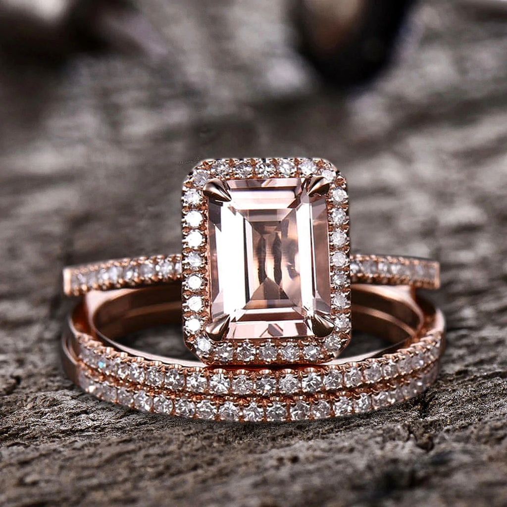 Emerald Cut Morganite Bridal Ring 10k Rose Gold Half Eternity W437737