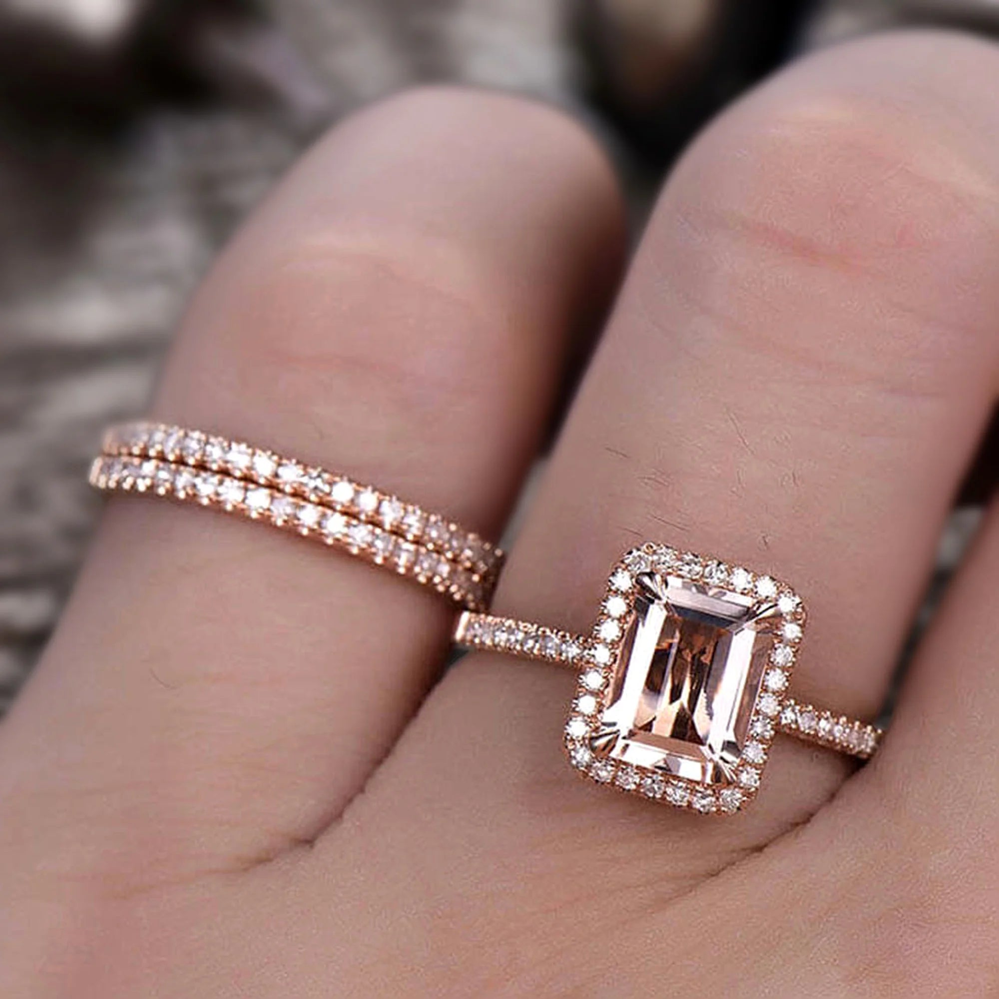 Emerald Cut Morganite Bridal Ring 10k Rose Gold Half Eternity W437737