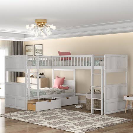 White Twin Size L-Shaped Wood Triple Bunk Bed with Drawers G744604