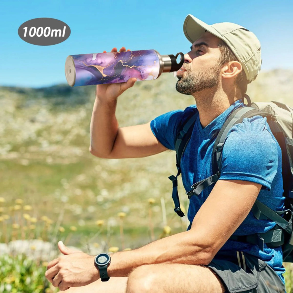 Purple and Blue Marble Stainless Steel Insulated Water Bottle with Straw Lid H7318
