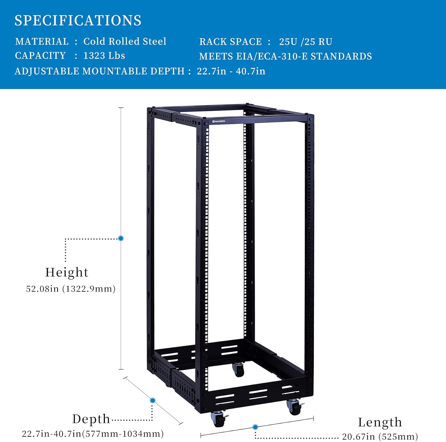 12U Open Frame Server Rack, Heavy Duty 4 Post Adjustable Depth with Casters N357825