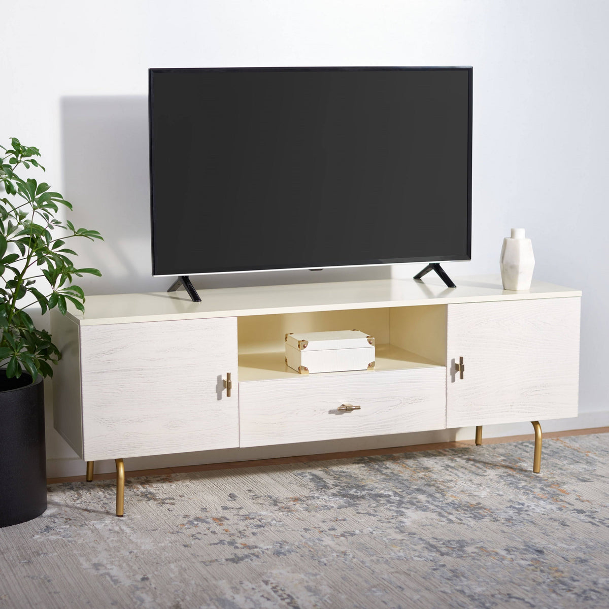 Cream White Washed Media Stand P8634