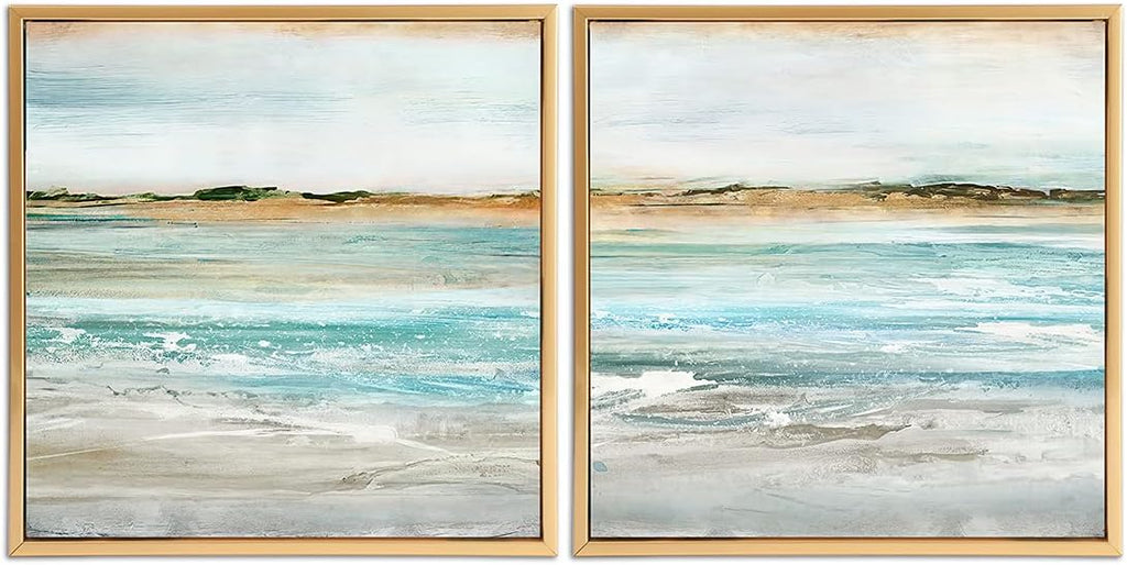 Gold Framed Linen Canvas Beach Landscape Painting 12 x 12 Set of 2 R6647