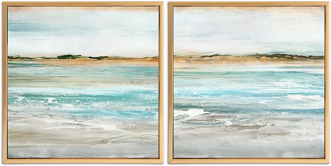 Gold Framed Linen Canvas Beach Landscape Painting 12 x 12 Set of 2 R6647