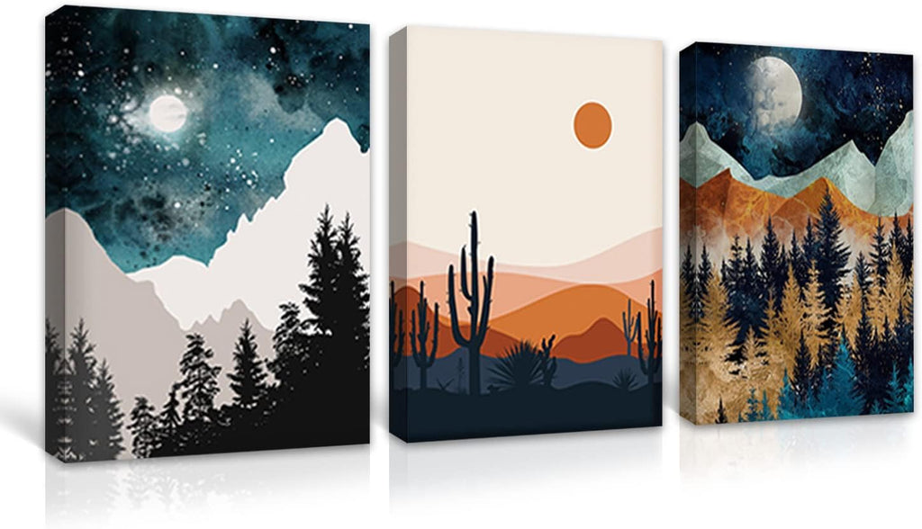 Boho Desert Cactus Landscape Framed Painting Set of 3 12x16 T7507