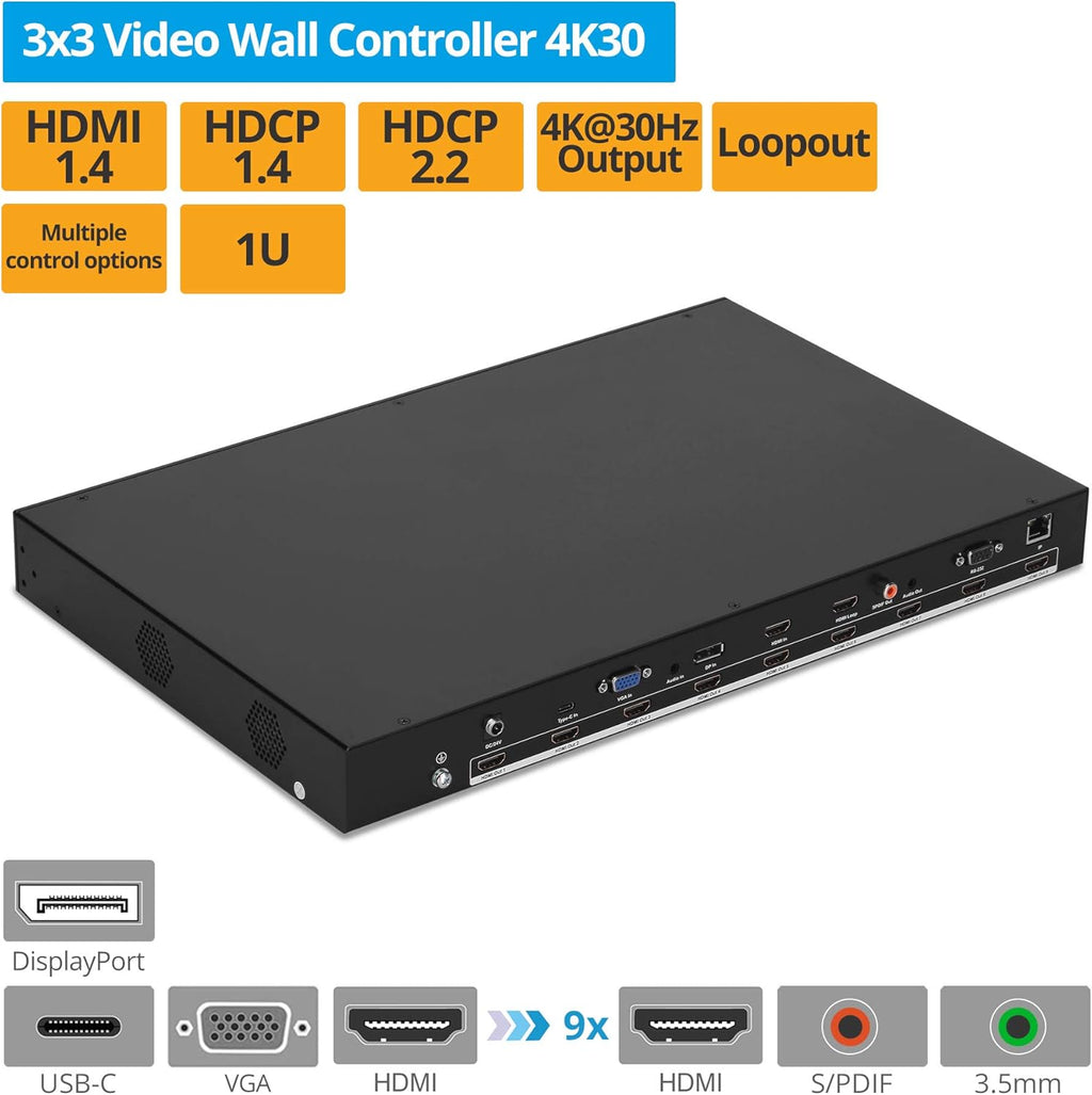 Video Wall Controller and Processor with 4K 30Hz, HDMI, USB-C, DP, VGA, 25 Display Modes G93084