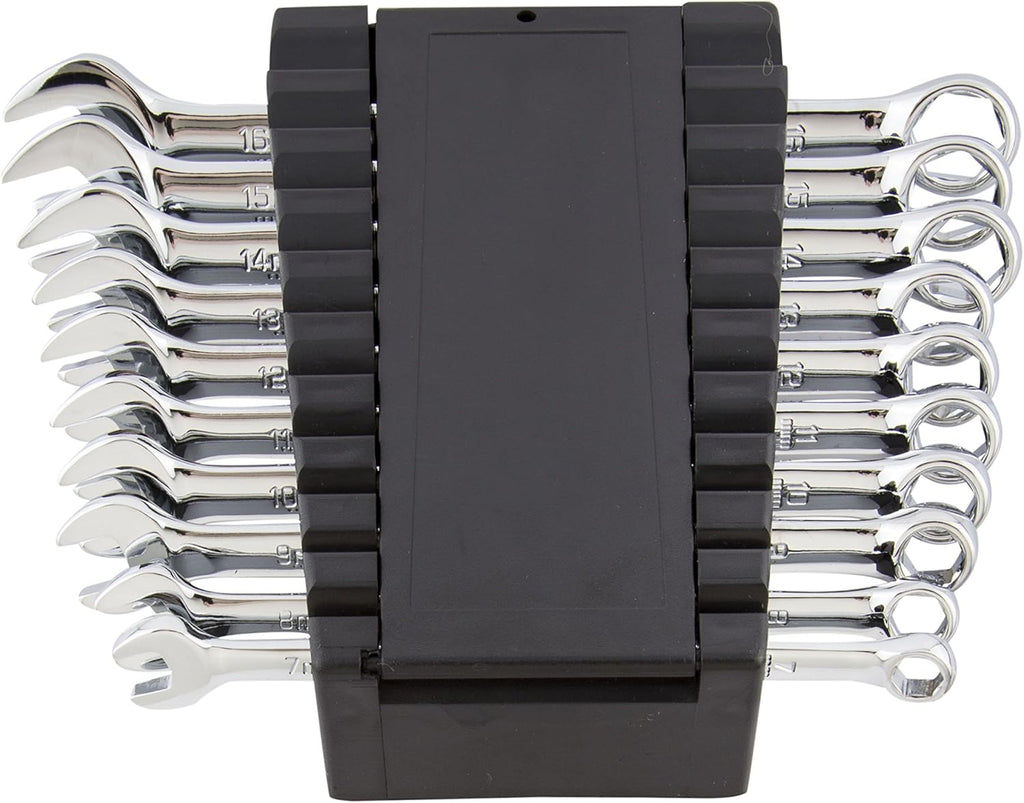 10-Piece Metric Combination Wrench Set, Chrome Vanadium Alloy Steel, Angled Ends, Storage Rack Included F396