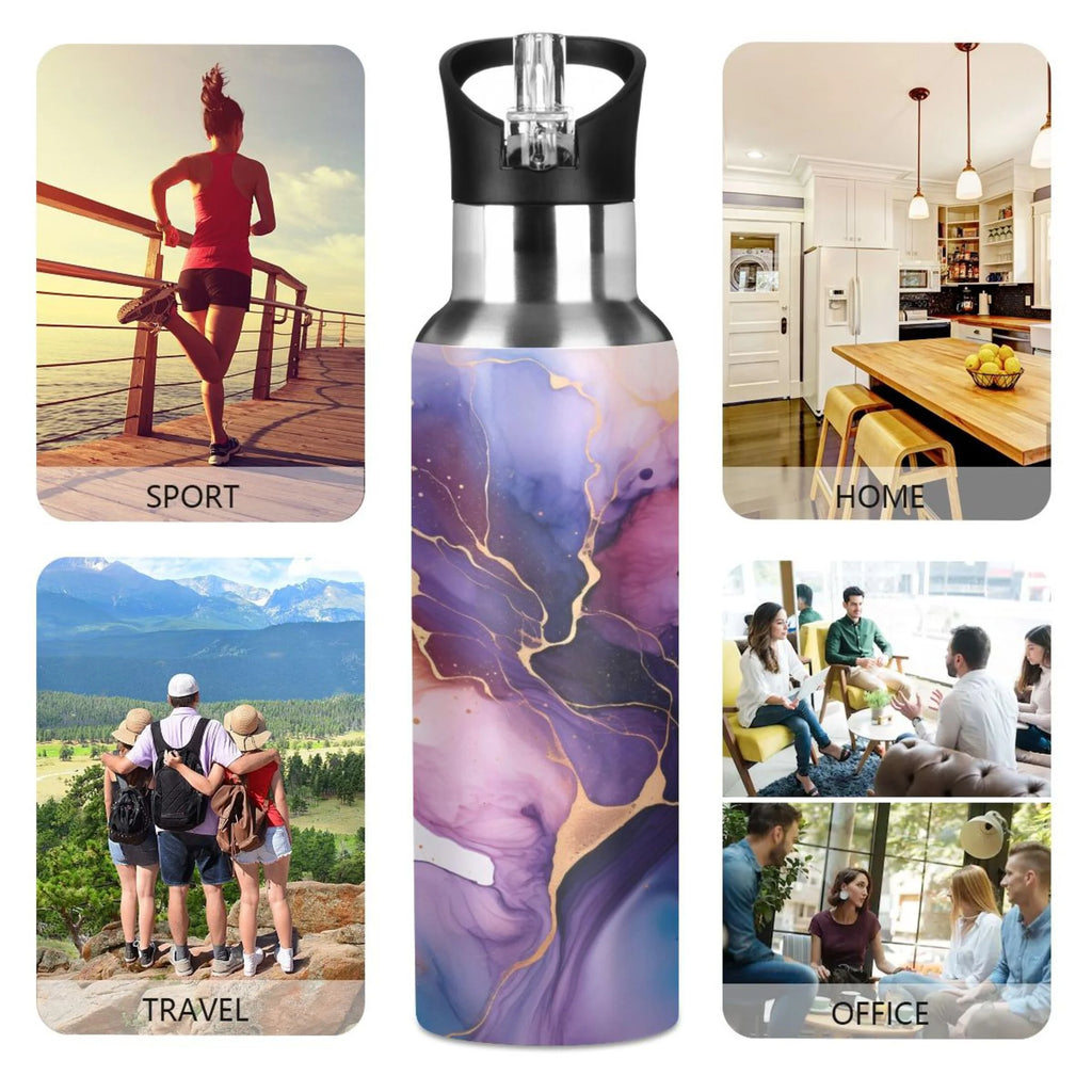Purple and Blue Marble Stainless Steel Insulated Water Bottle with Straw Lid H7318