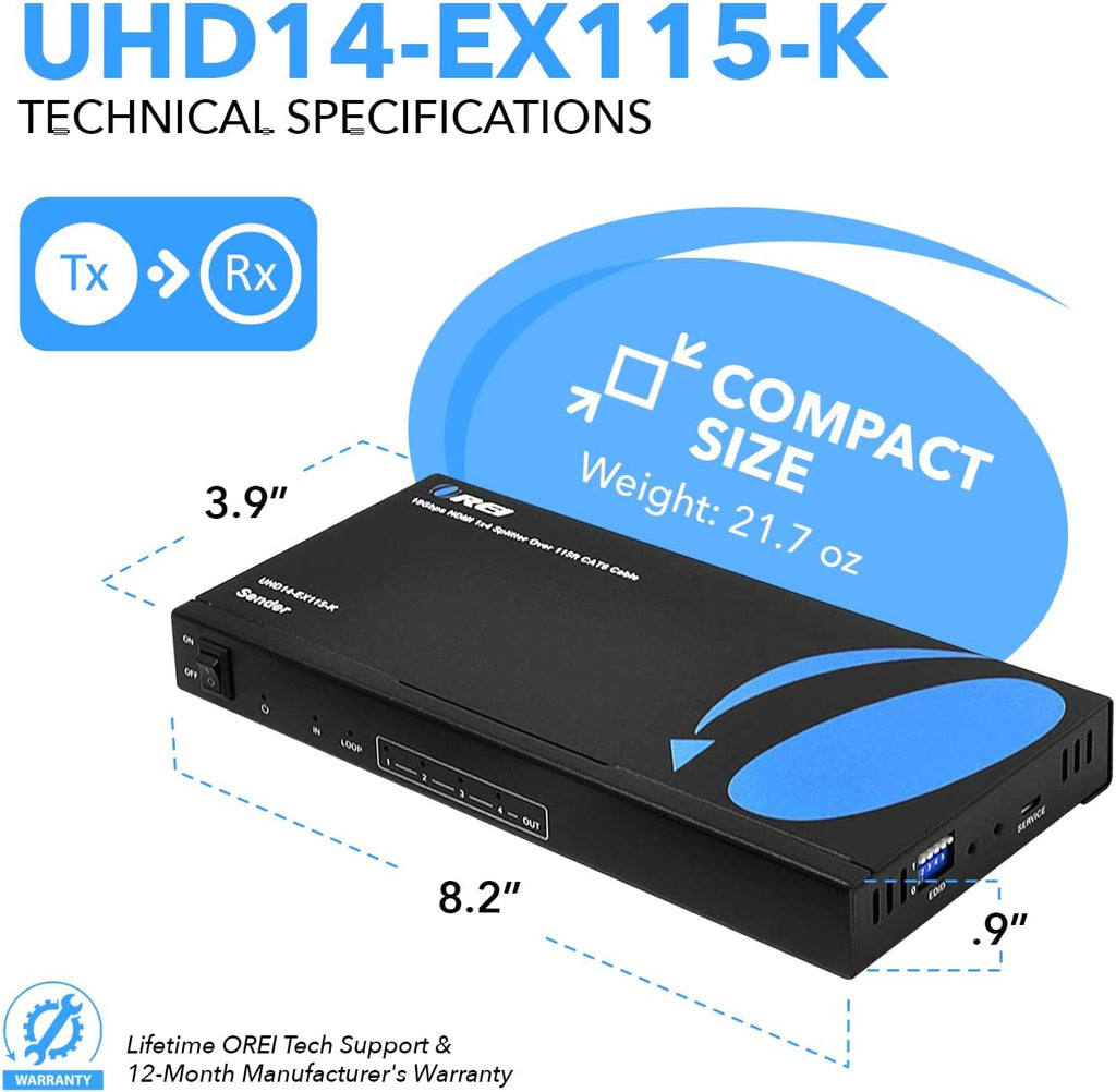 1x4 HDMI Extender Splitter 4K over Single Cable CAT6/7 4K@60Hz HDCP 2.2 with IR Remote EDID Management C9434