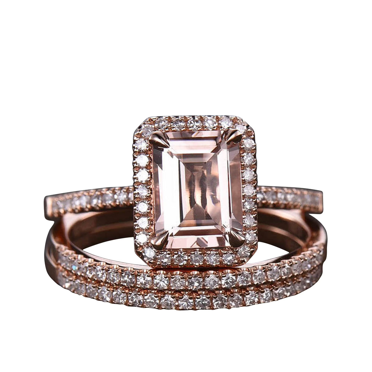 Emerald Cut Morganite Bridal Ring 10k Rose Gold Half Eternity W437737