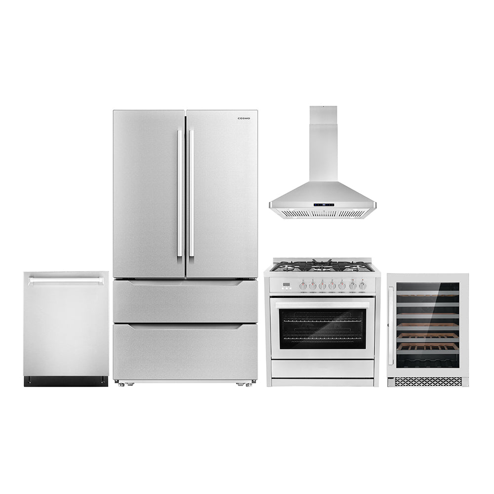 5 Piece Kitchen Appliance Package with Dual Fuel Range, Island Range Hood, Built-in Dishwasher, French Door Refrigerator & 48 Bottle Wine Refrigerator C3599