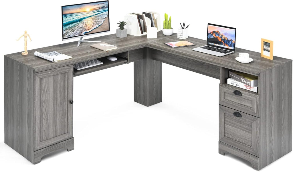 Brown L-Shaped Corner Computer Desk with Drawers and Storage Cabinet J35485